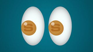 Illustration of the eyes emoji with two coins with the letter s in them for pupils.